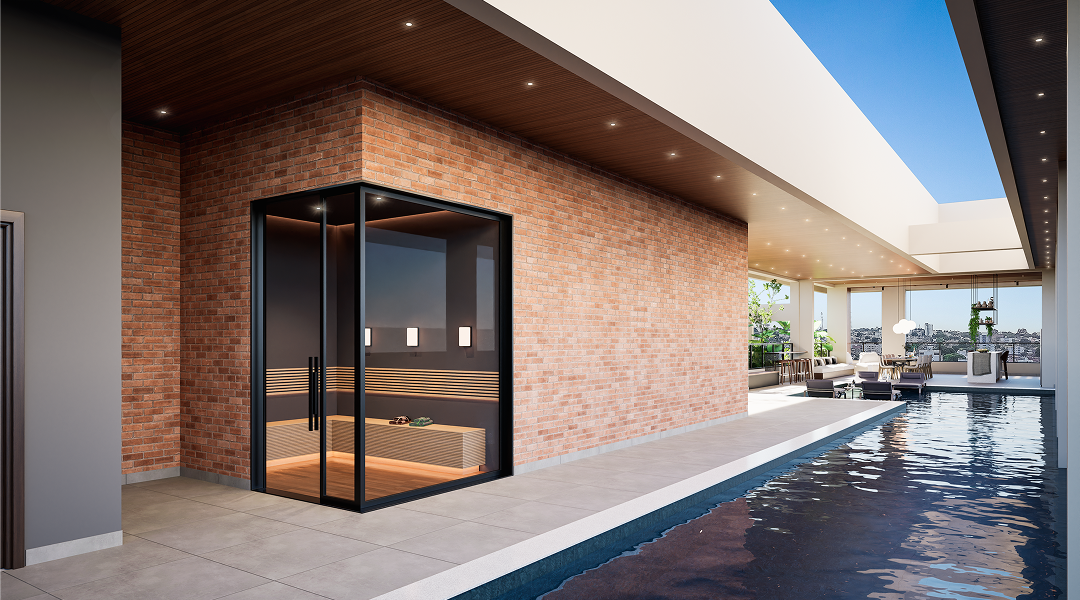 Área de sauna no condomínio do empreendimento Soho Exclusive, em Uberlândia, Minas Gerais.
